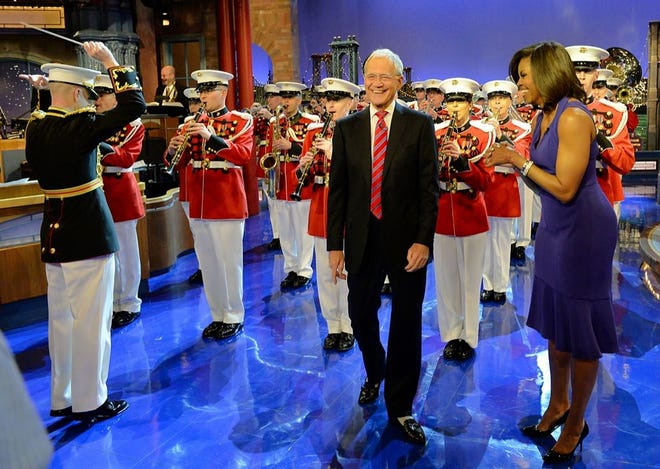FIRST LADY MICHELLE OBAMA visited David Letterman in April and, as a surprise, brought the U.S. Marine Corps Band. Letterman will end his run on late night tonight.