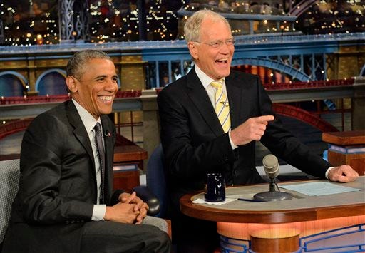 In this image released by CBS, President Barack Obama, left, appears with host David Letterman during a taping of "Late Show with David Letterman," on Monday, May 4, 2015, in New York. (John Filo/CBS via AP)