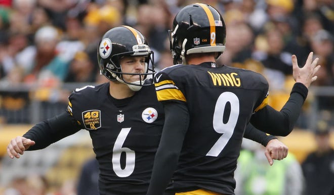 Life just got a little more difficult for Steelers kicker Shaun Suisham (6), shown celebrates a field goal with his holder Brad Wing in the first quarter Sunday in Pittsburgh. Instead of 19-yard extra point attempts, he'll have to make them from the 33.