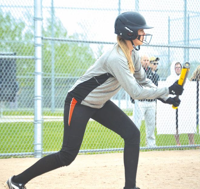 Cheboygan junior Autumn Hudak squares to bunt during game two of a doubleheader against Petoskey on Wednesday.