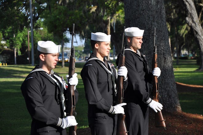 Naval Station Mayport's Honor Guard practices its gun salute at Memorial Park. The guard attends memorial ceremonies and funerals throughout the surrounding counties.