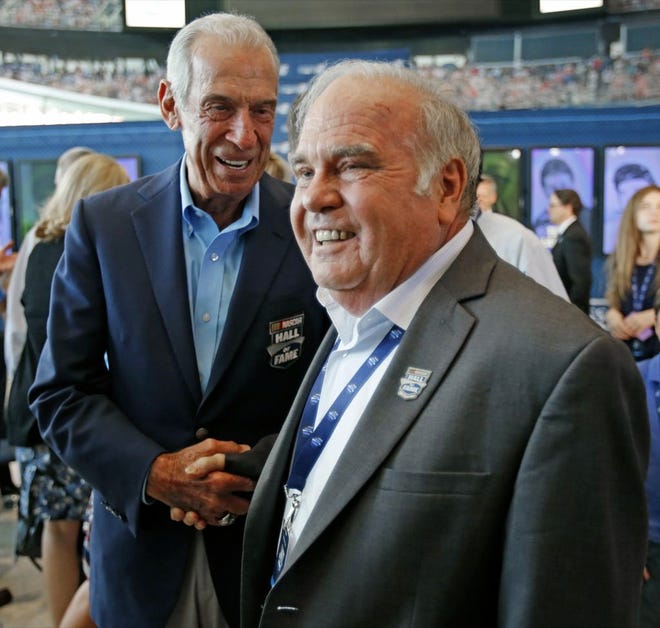 Jerry Cook, right, is congratulated by Hall of Fame driver Ned Jarrett after being named to the 2016 class of the NASCAR Hall of Fame on Wednesday in Charlotte, N.C.