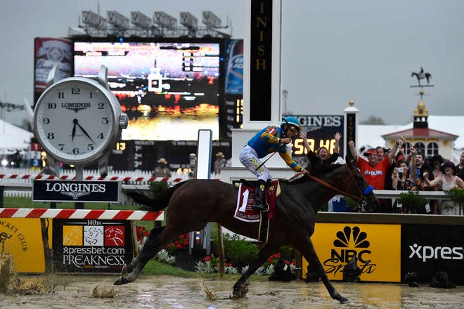 American Pharoah, ridden by Victor Espinoza, wins the 140th Preakness Stakes horse race at Pimlico Race Course, Saturday, May 16, 2015, in Baltimore. (AP Photo/Mike Stewart)
