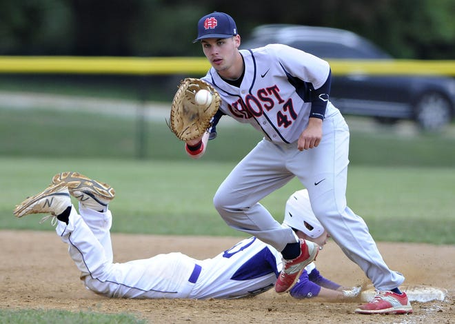Holy Ghost Prep first baseman Nick Payesko (47) has the glove ready as he recieves the ball form home as Upper Moreland baserunner Nick DeLucas dives back before the tag Thursday, May 21, 2015 during a District One Class AAA baseball semifinal game at Methacton High School. Upper Moreland lost the game 14-2 in five innings.