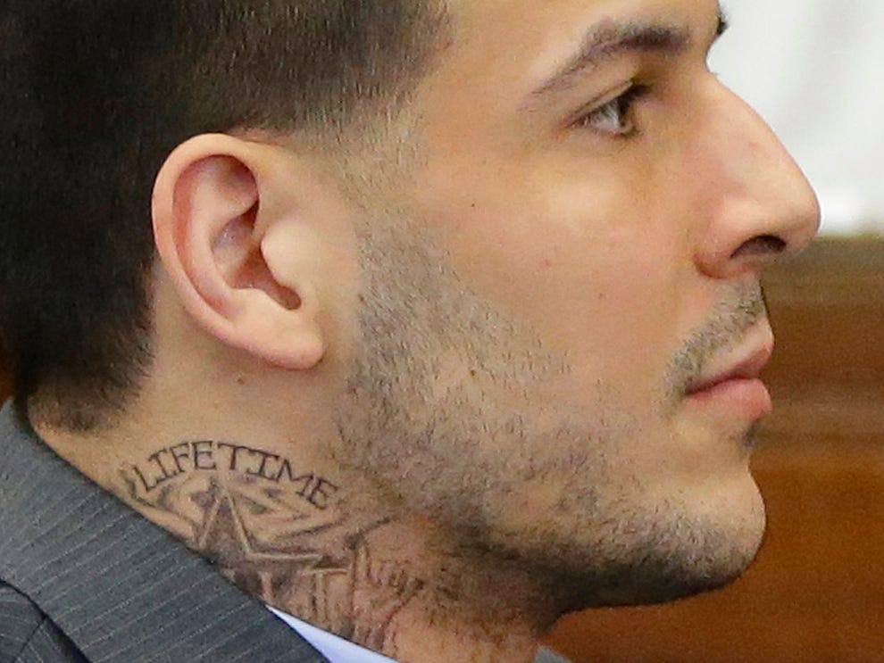 Aaron Hernandez sports neck tattoo at latest court hearing Aaron Hernandez sports neck tattoo at latest court hearing