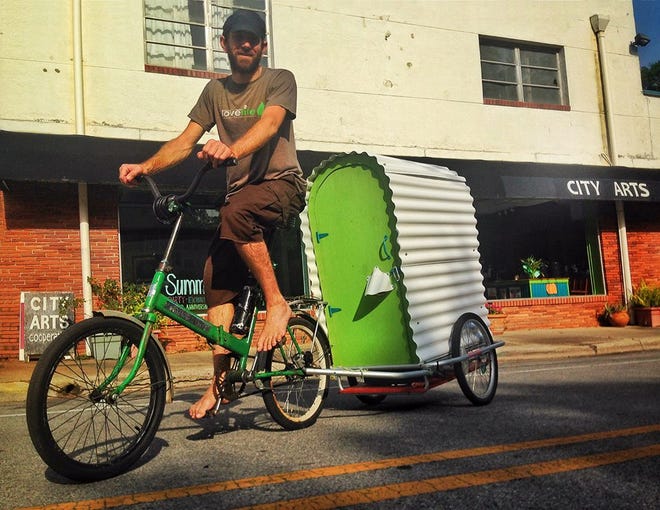 Mat Wyble rides his bike to work each day, and now he pulls a trailer with a propane-fueled roaster enclosed.