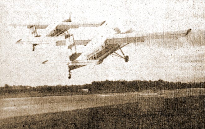 Two turbo-jet airplanes, the first of their kind to take off and land at the Redwood Falls airport, needed less than 100 feet of runway to get airborne, as seen in this photo that originally appeared in the May 25, 1965 Redwood Gazette.