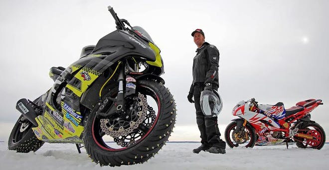 Ryan Suchanek, a motorcycle stunt rider who performs each summer at Byron Dragway, set a Guinness world record in January for a 117-mph wheelie on Lake Koshkonong in Wisconsin. PHOTO PROVIDED