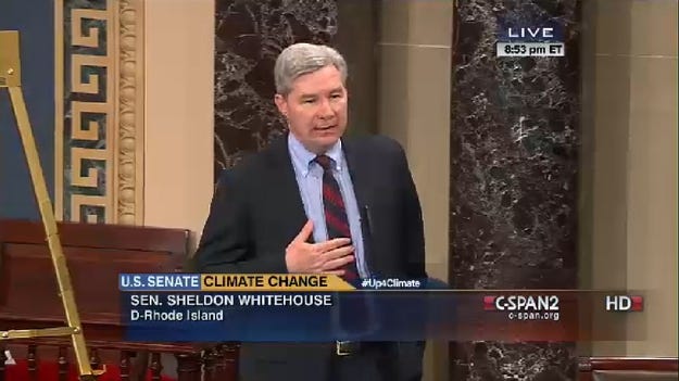 U.S. Sen. Sheldon Whitehouse, pictured in March 2014, recently delivered his 100th speech on the Senate floor warning about climate change. On this occasion, he did some name-dropping. CSPAN