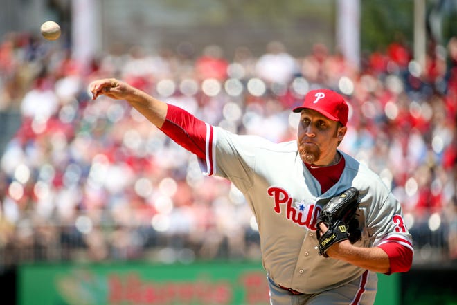 Phillies starting pitcher Aaron Harang pitches to the Nationals in Washington on May 24, 2015. Scouts say that Harang has proven he can win in a small ballpark and could be trade bait in 2015.