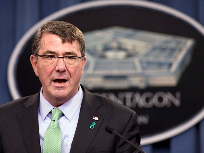 FILE - In this May 1, 2015 file photo, Defense Secretary Ash Carter speaks during a news conference at the Pentagon in Washington. The Islamic State groupÃ­s takeover of Ramadi is evidence that Iraqi forces do not have the "will to fight," Defense Secretary Ash Carter said in an interview on CNN'­s "State of the Union" that aired Sunday, May 24, 2015.