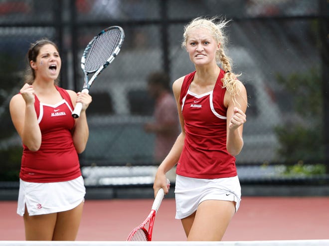 Maya Jansen, left, and Erin Routliffe will defend their NCAA doubles championship on Monday