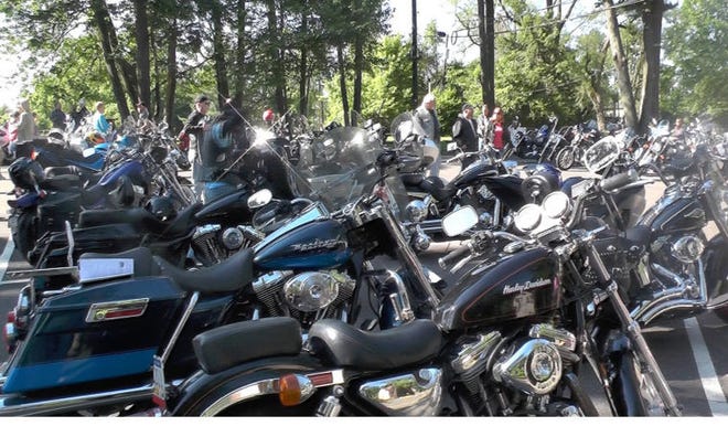 Motorcycles are lined up before riders headed out for the 10th Annual Ride for Recovery at the Livengrin Foundation, Bensalem, Sunday. Over 200 motorcycle riders took the ride and picnic to raise funds for patient programs at the Bensalem facility. (Catherine Meredith/Staff Photographer)