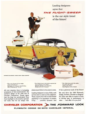 This Chrysler Corporation ad from 1956 highlights the new aerodynamic and forward look design of all cars, including the pictured Plymouth and siblings Imperial, Chrysler, DeSoto and Dodge. In comparing styles to Chevy and Ford in 1956, it is clear Chrysler cars were more “forward looking.” (Ad courtesy of Chrysler Corporation)