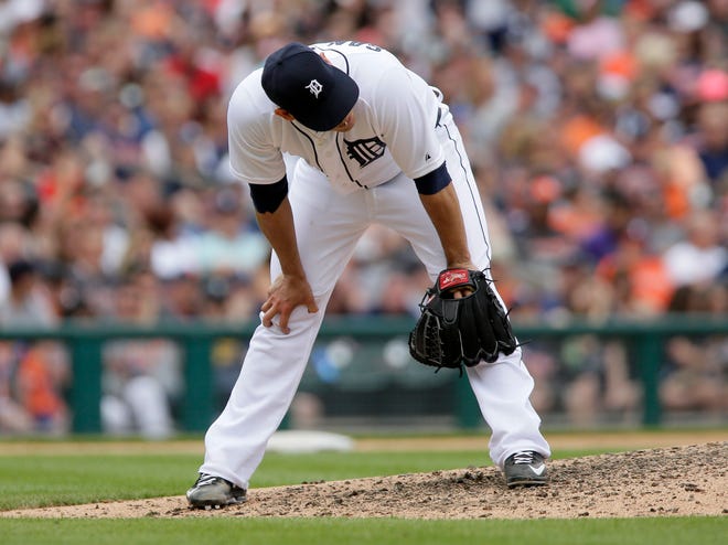 Detroit Tigers pitcher Anibal Sanchez reacts after giving up a three-run home run to Houston Astros' Preston Tucker during the sixth inning of a baseball game Sunday, May 24, 2015, in Detroit. The Astros defeated the Tigers 10-8. (AP Photo/Duane Burleson)