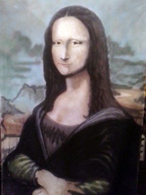 This spray can art created by local artist Randy LaPrairie will hang at the Bayou Plaquemine Waterfront Park to draw attention to the Art on the Bayou event on May 30. It's a 6 feet X 9 feet rendering of the famous Mona Lisa painting by Leonardo de Vinci on a canvas drop cloth. LaPrairie will also give a demonstration of spray can art at 1 p.m.