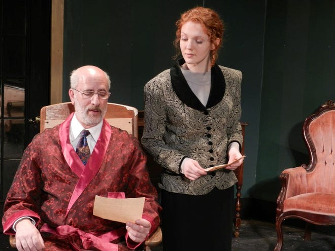 Pictured are Jim Douglas, as Sheridan Whiteside, and Olivia Hussey, as Maggie, in the Theatre of Northeastern Connecticut Inc.'s production of "The Man Who Came to Dinner."