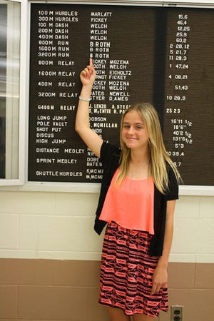 Newcomerstown freshman Brittney Roth is pictured with her new record of 2:28:12 in the 800. She now holds records for the 800, the 1600, and the 3200 for a female at Newcomerstown.