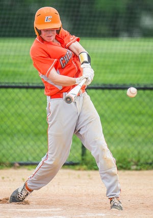 Cherokee's Shane Albertson connects for a single in the first inning of their game against Lenape at Lenape High School in Medford, NJ, Monday, May 11, 2015. Photo by Bryan Woolston / For the Burlington County Times.