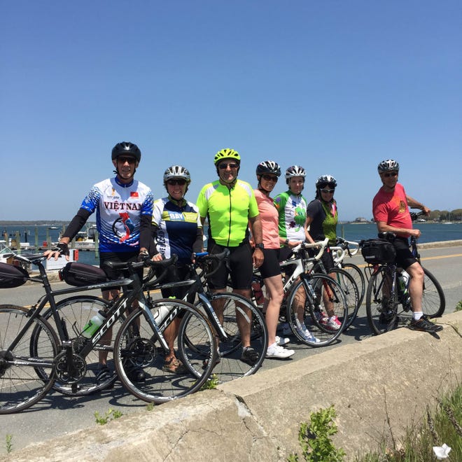 SouthCoast residents participating in the second annual Bike Challenge met up for a ride last weekend. (From right to left:) Geoff and Susan Sullivan, Bob and Ann Espindola from Fairhaven, Maureen Mullen, Kim Deleo and Marc Anderson from Mattapoisett. COURTESY PHOTO