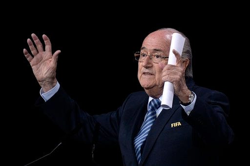 FIFA President Sepp Blatter speaks during the 65th FIFA Congress held at the Hallenstadion in Zurich, Switzerland, Friday, May 29, 2015, where he runs for re-election as FIFA head. (Walter Bieri/Keystone via AP)