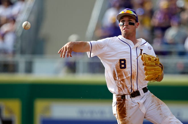 LSU infielder Alex Bregman (8) throws out Lehigh's Patrick Donnelly on a ground out during Friday's regional game.