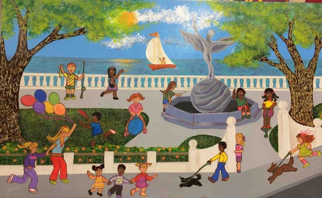Photo by Terry Woodlief This panel, one of six on the walls of Central Riverside Elementary School's cafeteria, depicts its students at Memorial Park with its Life statue.