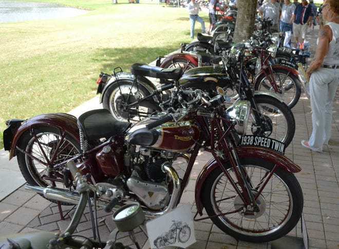 Photos by Dan.Scanlan@Jacksonville.com A row of British motorcycles parked in the lakeside shade included (from left) Chip Doherty's 1938 Triumph Speed Twin (Best in Show), Tim Ivers' 1951 Vincent Black Shadow and H.C. Morris' 1938 Triumph Speed Twin.