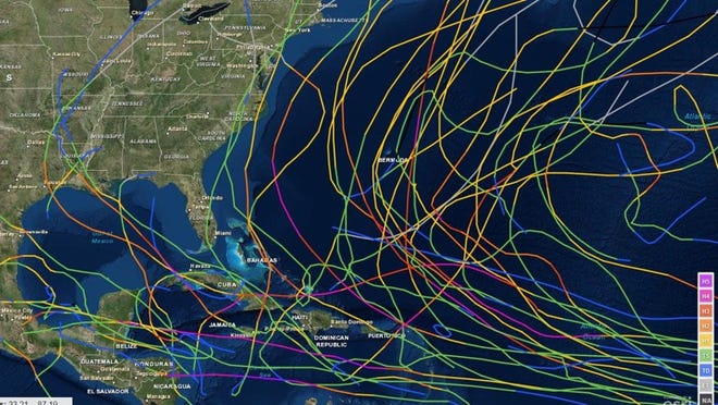 No hurricanes for Florida: Of the 54 storms from 2006 to 2013 that at one point reached hurricane strength, just one — Ernesto in August 2006 — crossed Florida, and it was only a tropical storm when it hit the state. While the 2014 tracks are not included in this National Oceanic and Atmospheric Administration map, no hurricane hit Florida last year either.