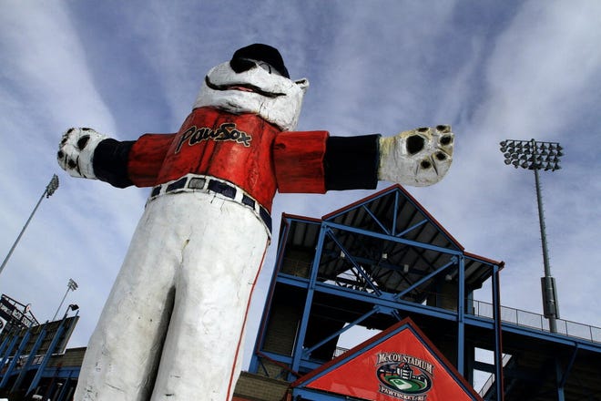 The statue of Paws greets visitors to McCoy Stadium.