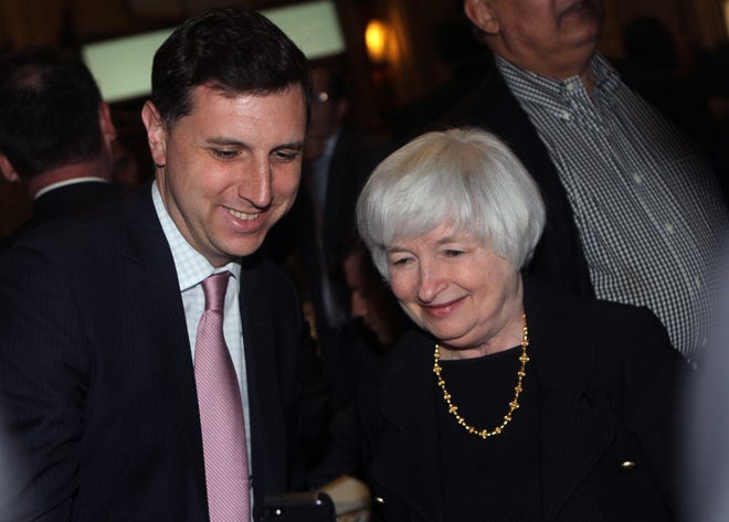 After Federal Reserve Chairman Janet Yellen spoke at the Greater Providence Chamber of Commerce Economic Outlook Luncheon at the Rhode Island Convention Center earlier in May, Gen. Treasurer Seth Magaziner took a selfie with her. 

The Providence Journal/Mary Murphy
