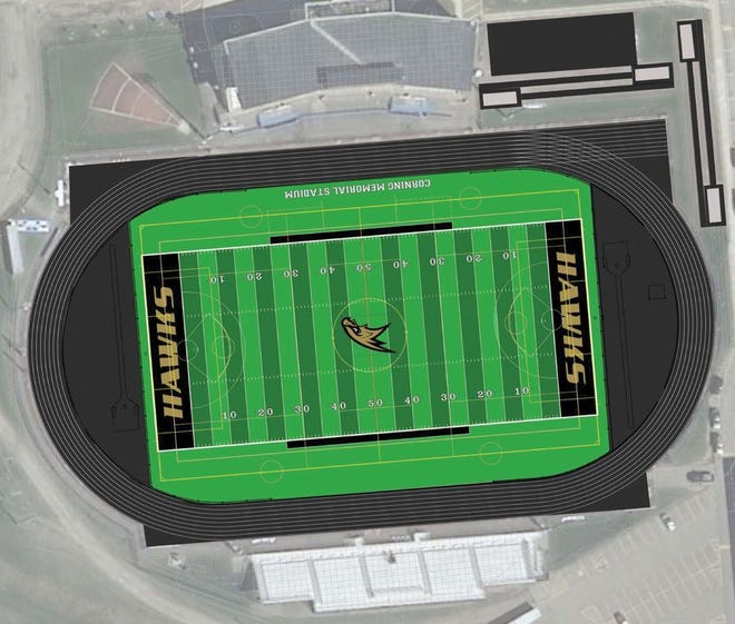 A rendering of the new turf field, part of planned renovations to Memorial Stadium. The project faces uncertainty due to ongoing soil testing in the Houghton Plot.