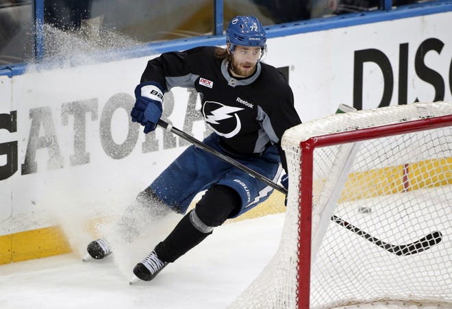 AP Photo/Chris O'Meara Tampa Bay Lightning defenseman Victor Hedman, of Sweden, stops behind the goal during NHL hockey practice at Amalie Arena for the Stanley Cup Finals, Tuesday, June 2, 2015, in Tampa, Fla. The Lightning take on the Chicago Blackhawks in Game 1 on Wednesday.