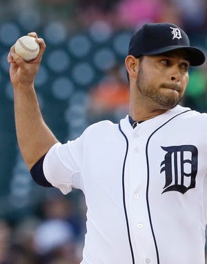 Detroit Tigers' Anibal Sanchez pitches during the first inning of a baseball game against the Oakland Athletics, Wednesday, June 3, 2015, in Detroit. (AP Photo/Carlos Osorio)
