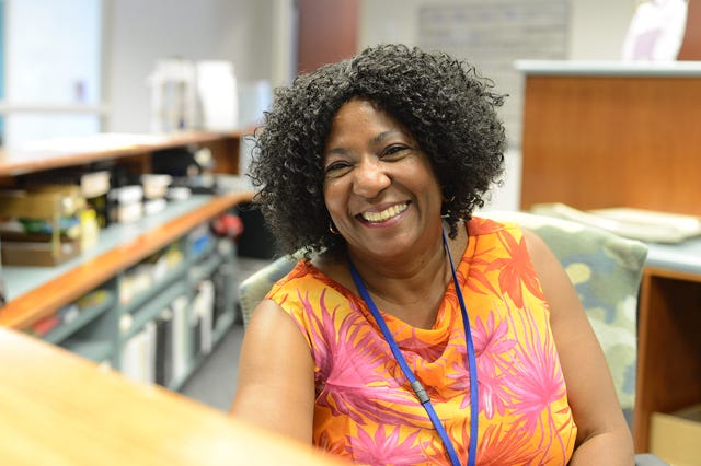 Debbie Maye, administrative assistant, works her last day Wednesday at Lenoir Community College's Greene County Center. Maye began as tourism receptionist on Monday at the Greene County Recreation and Tourism Center, a new state employment training center.