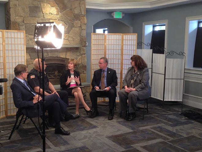 Town Administrator Jeffrey Nutting, Franklin Police Chief Stephan Semerjian, state Rep. Jeffrey Roy and Superintendent Maureen Sabolinski were invited on Anne Bergen’s (middle) Franklin TV show, “It Takes a Village: Raising Resilient Kids in Today's World" Wednesday. Daily News photo/Matt Tota