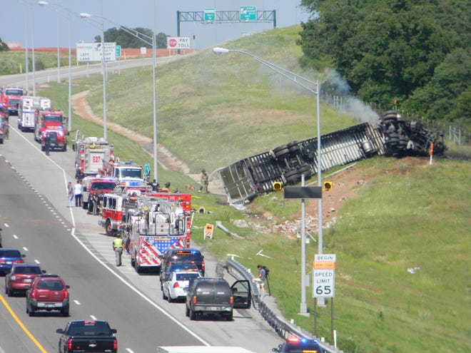 A view of the tractor-trailer crash near the Luther exit on Interstate 44 at about 4:30 p.m. Thursday. Photo by NewsOK Contributor Jerry K. Smith.
