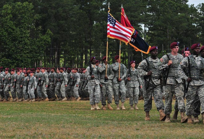 Soldiers with 82nd Airborne Division Sustainment Brigade march during a change of command ceremony on Fort Bragg, N.C., May 27, 2015. During the ceremony Col. Mark D. Collins relinquished command of the brigade to Col. Gavin J. Gardner.