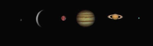 Photography courtesy Helder Jacinto — The planets of the solar system photographed by telescope from Earth. From left, Mercury (very small), Venus, Mars, Jupiter, Saturn and Uranus.