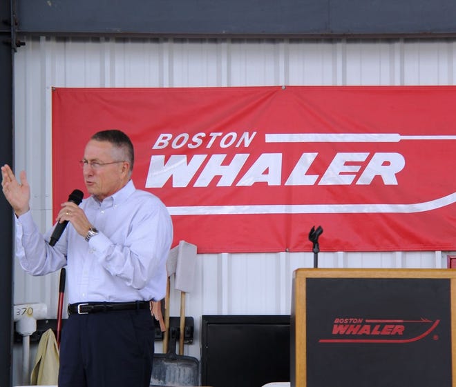 Brunswick Corp. Chairman and CEO Dustan McCoy speaks to employees at the Boston Whaler plant in Edgewater. McCoy was in town to present the plant with the Chairman’s Safety Award.