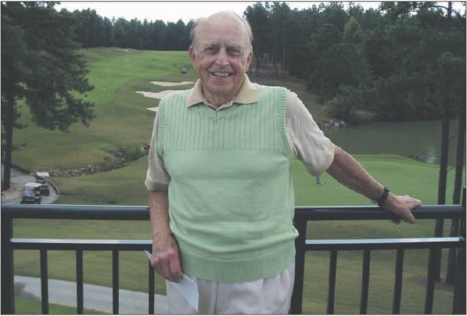 (Special to the Gazette) John Derr, who died Saturday at 97, is shown here near his home in Pinehurst in 2009 -- or just before being inducted into the Gaston County Sports Hall of Fame
