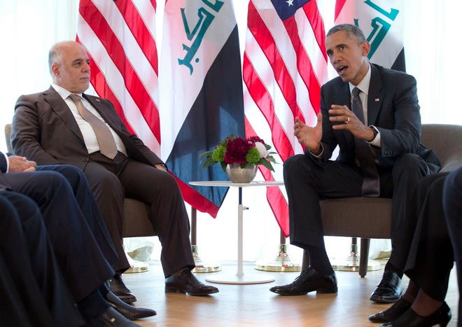 U.S. President Barack Obama and Iraqi Prime Minister Haider al-Abadi, left, participate in a bilateral meeting during the G-7 summit in Schloss Elmau hotel near Garmisch-Partenkirchen, southern Germany, Monday, June 8, 2015. (AP Photo/Carolyn Kaster)