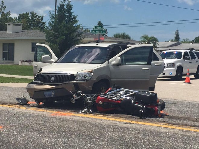 A motorcyclist suffered critical injuries in this crash Monday on Shamrock Boulevard in Venice.