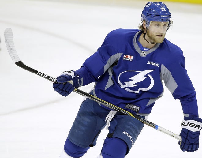 Tampa Bay Lightning center Steven Stamkos looks for a pass during practice for the NHL hockey's Stanley Cup finals Monday, June 1, 2015, in Tampa. Stamkos has yet to break out in tow games against the Chicago Blackhawks.