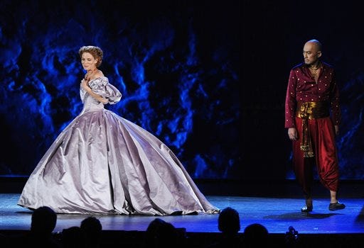 Kelli O'Hara, left and Ken Watanabe of “The King and I” perform at the 69th annual Tony Awards at Radio City Music Hall on Sunday. The Associated Press