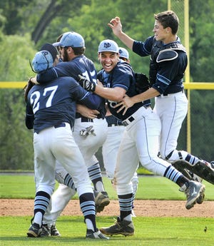 North Penn players celebrate their 3-1 win over Shaler in the PIAA state semifinals on Tuesday, June 9,2015. They will play on Friday for the state chmpionship at State College.