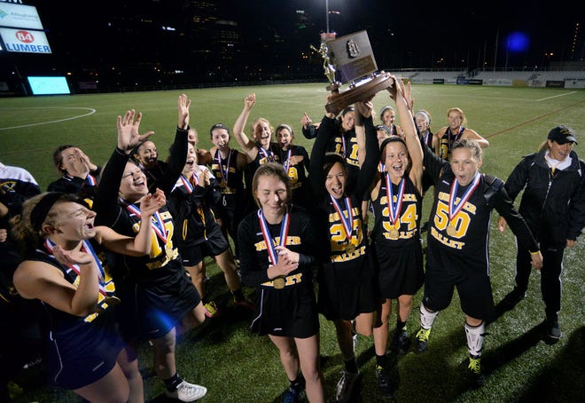 Quaker Valley celebrates winning the WPIAL Division I Lacrosse Championship at Highmark Stadium in Pittsburgh.