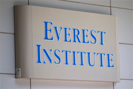 FILE - In this July 8, 2014 file photo, an Everest Institute sign is seen in a office building in Silver Spring, Md. The federal government will erase much of the debt of students who attended the now-defunct Corinthian Colleges, officials announced Monday, as part of a new plan that could cost taxpayers as much as $3.6 billion. (AP Photo/Jose Luis Magana, File)