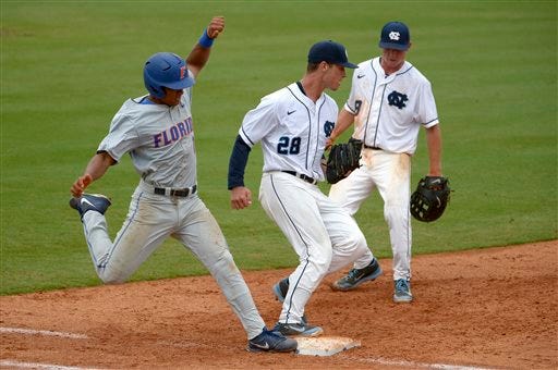 (Associated Press photo) Former Forestview High standout Reilly Hovis covers first base in a 2014 NCAA tournament game against Florida. Hovis was an All-ACC pitcher in 2014 but had his 2015 season cut short by a right elbow injury.