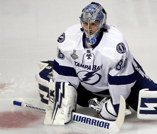 Tampa Bay Lightning goalie Andrei Vasilevskiy warms up before the start of Game 4 of the NHL hockey Stanley Cup Final against the Chicago Blackhawks Wednesday, June 10, 2015, in Chicago.